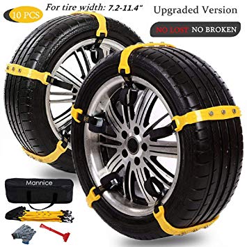 Snow Chains for SUV Car Anti Slip Adjustable Universal Emergency Thickening Anti Skid Tire Chain,Winter Driving Security Traction Mud 10 Pcs (For tire width:7.2-11.4 inches(185mm-290mm), Yellow)