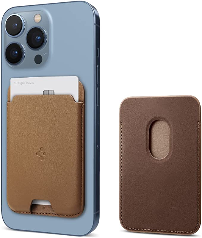 SPIGEN Valentinus (MagFit) Magnetic Wallet Card Holder 2-Cards Designed for Mag Safe Compatible with iPhone 14/13 / 12 / Max/Pro/Plus/Mini - Brown