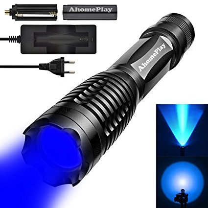 AhomePlay Waterproof Tactical Flashlight - CREE XP-G R5 LED, 300 Lumen, 5 Modes, Adjustable Focus, Rechargeable 18650 Battery and Charger Included - Blue Light