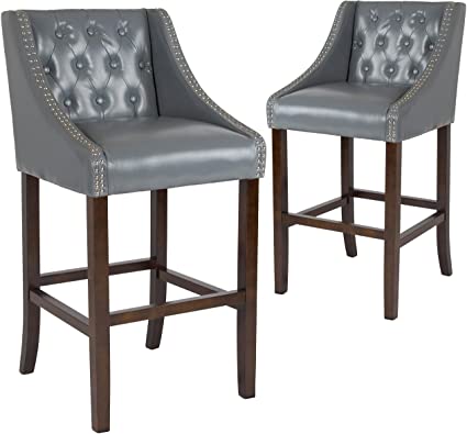 Taylor   Logan 30 Inch High Transitional Tufted Walnut Barstool with Accent Nail Trim, Set of 2, Light Grey Leather
