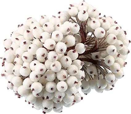 Tatuo Artificial Frosted Holly Berries Fake 12 mm Mini Christmas Fruit Berry Flower Decor (White, 400)