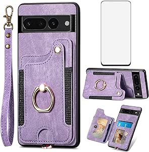 Phone Case for Google Pixel 7 Pro 5G Wallet Cover with Screen Protector and Wrist Strap Lanyard RFID Credit Card Holder Ring Stand Cell Accessories Pixel7Pro Pixel7 XL Seven 7Pro 6.7 Women Men Purple