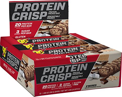 BSN Protein Crisp Bar by Syntha-6, Low Sugar Meal Replacement Whey Protein Bar, S'mores, 12 Count (Packaging may vary)