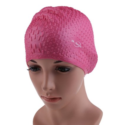 Vktech Silicone Swimming Long Hair Cap Ear Wrap Waterproof Hat for Women and Men (Bubble:Hot Pink)