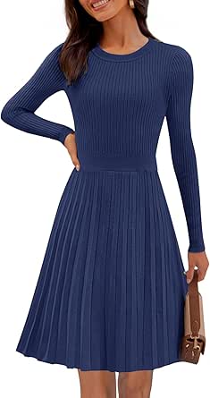 MEROKEETY Women's 2024 Long Sleeve Mini Sweater Dress Crewneck Ribbed Knit A Line Pleated Swing Short Dresses