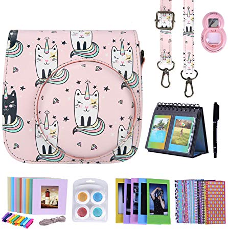 HDE Camera Case Bag for Fujifilm Instax Mini 9 or 8/8  Case and Accessories Kit Includes Leather Mini 9 Cases and Strap Album Selfie Lens Photo Line Frames Borders Stickers Pen (Caticorns)