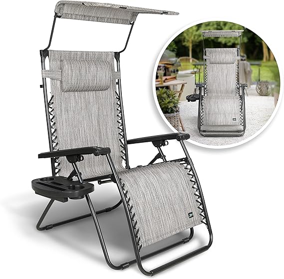 Bliss Hammocks GFC-451WP 30" Wide XL Zero Gravity Chair w/Canopy, Pillow, & Drink Tray Folding Outdoor Lawn, Deck, Patio Adjustable Lounge Chair, 360 lbs. Capacity, Weather & Rust Resistant, Platinum