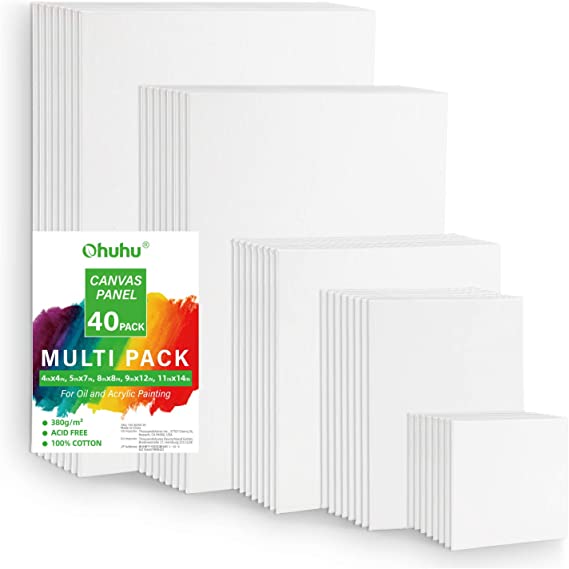 Ohuhu Painting Canvas Panels Multi Pack, 4x4", 5x7", 8x8", 9x12", 11x14", Set of 40, Primed White, 100% Cotton Canvas Boards for Acrylic, Oil Paint, Wet & Dry Art Media, for Artists, Beginners, Kids