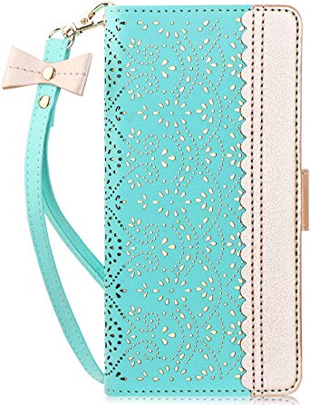 WWW Samsung Galaxy S10 Case,Galaxy S10 Wallet Case, [Luxurious Romantic Carved Flower] Leather Wallet Case [Inside Makeup Mirror] [Kickstand Feature] for Galaxy S10 6.1"(2019) Mint Green