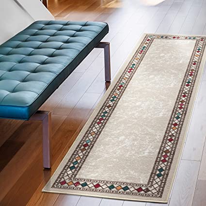 Antep Rugs Alfombras Modern Bordered 2x7 Non-Skid (Non-Slip) Low Profile Pile Rubber Backing Indoor Area Runner Rugs (Beige, 2' x 7')
