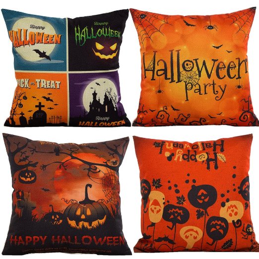 HOSL PW02 4-Pack Happy Halloween Cotton Linen Square Burlap Decorative Throw Pillow Case Cushion Cover Spider Moon Bat Pumpkin