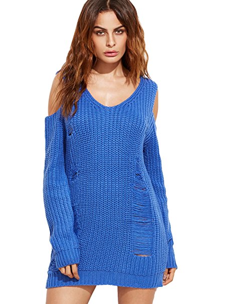 Romwe Women's Casual Long Sleeve Cold Shoulder Ripped Sweater Dress