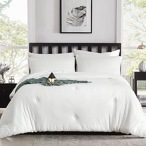 KASENTEX Warmth Jersey Knit Queen Comforter Set, Noiseless Duvet Insert 3 Piece Bedding Comforter, 2 Pillow Sham, 90 by 90 Inches, Winter Queen Size, White