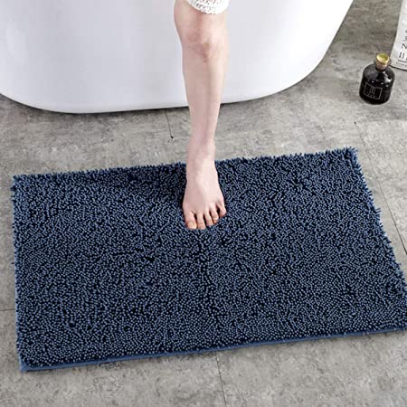 ANGNYA Bath Mat，Chenille Non-slip Absorbent Soft Bath Rug for Floor Tub Shower Bedroom，High Density Fluffy Microfiber Bathroom Mat, Machine Washable (Dark blue, 50X80)