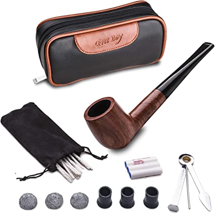 Free Boy Tobacco Smoking Pipe Set, Handmade Wooden Smoking Pipe with Leather Tobacco Pouch, and Smoking Accessories