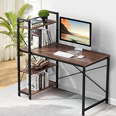 VECELO Computer Desk with Shelves 47 Inch Multipurpose Corner Study Writing Table with Storage Bookshelf, Dark Brown