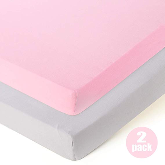 Fitted Playard Sheets - 2 Pack Mini Crib Sheet Set,Pack n Play Mattress Cover, Stretchy Ultra Soft,Pink/Grey