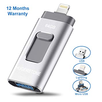 Memory Stick for iPhone 64GB, HUGERSTONE iOS Flash Drive, 3-in-1 OTG USB Encrypted Pen Drive Compact Wireless External Storage for IOS Android Computers Silver