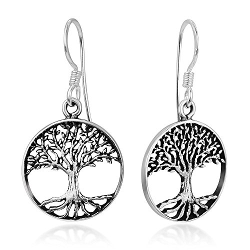 925 Oxidized Sterling Silver Open Filigree Ancient Tree of Life Round Dangle Earrings 1.3"