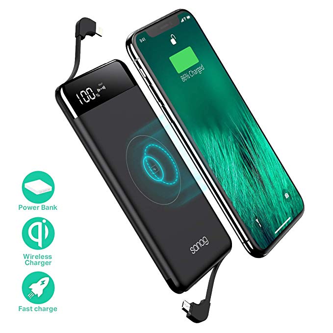 SANAG Wireless Portable Charger,10000mAh Wireless Charger Power Bank Built in Cable External Battery Pack Compatible iPhone 8/8 Plus,Samsung S7 S8 S9,Note 7 8,iPhone X/XS/XR(Black)