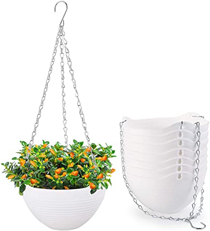 Foraineam 8 Pack White Hanging Planters Self-Watering Indoor Outdoor Garden Flower Plant Pot Containers with Drainer and Hanging Chain