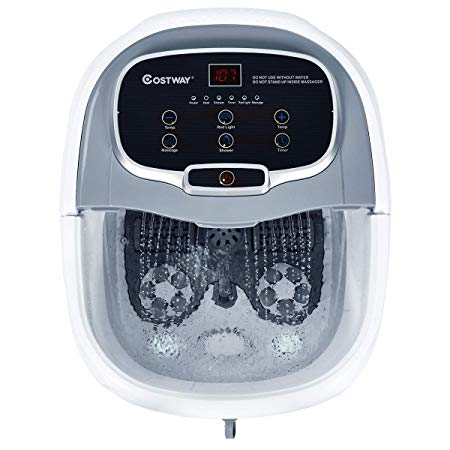 COSTWAY Foot Spa/Bath Massager, with Motorized Rollers, Shiatsu Massage, Shower, Heat, Red Light, Temperature Control, Timer, LED Display, Drainage Pipe for Foot Stress Relief (Grey)