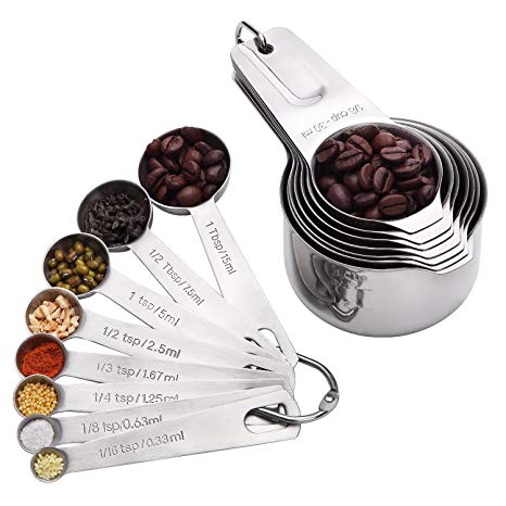 18/8 Stainless Steel Measuring Cups and Spoons 15 Sets Kitchen Cooking Food Measure Stackable Set 7 Measuring Cups and 8 Measuring Spoons with 2 D-Rings (10/Set) (15 pcs)