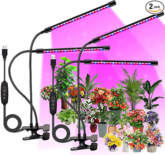 2-Pack LED Grow Lights for Indoor Plants,Hawanik Dual Head Grow Lamps Blue Red Spectrum with Gooseneck and Timer Setting for Seedlings Seeds Succulents and Indoor Herb Garden (with clamp)