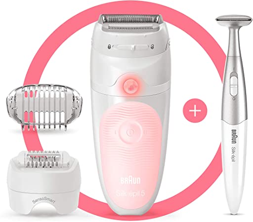 Braun Silk-Ã©pil 5-820 Epilator for Beginners Includes Shaver and Trimmer Head for Gentle Hair Removal Wet and Dry Epilation High Frequency Massage Cap Anti-Slip Grip and Bikini Styler, 2 pin plug