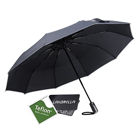 LANBRELLA Reflective Travel Umbrella-"Dupont Teflon"210T Super Waterproof Fabric,10 Fibreglass Ribs,Auto Open and Close,Safety Umbrella Quick Drying