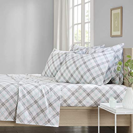 Bed Sheets Set Full - Grey and Aqua Plaid Design 6 Piece 100% Cotton Flannel Printed Sheet Bedding Set - Includes 1 Flat Sheet, 1 Fitted Sheet, and 4 Pillowcases