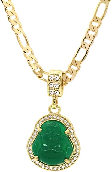 L & L Nation 14K Gold Plated High Fashion Lucky Smiling Buddha Charm Pendant Green Red White Black Blue On Figaro Chain