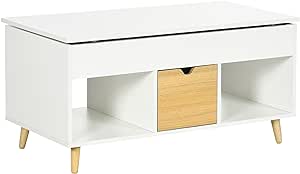 HOMCOM Table Basse de Salon rectangulaire avec Plateau relevable, 1 tiroir, 2 niches et tiroir - Effet Bois Clair et Blanc - dim.100L x 50l x 49H cm