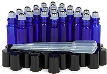 Vivaplex, 24, Cobalt Blue, 10 Ml Glass Roll-On Bottles With Stainless Steel Roller Balls. 3-3 Ml Droppers Included