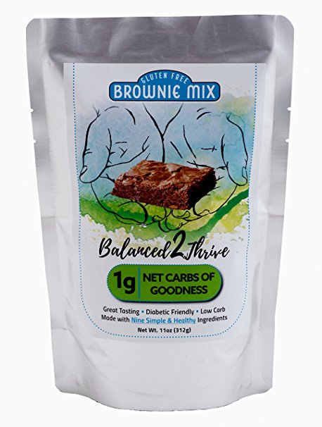 Gluten Free, Low Carb Chocolate Brownie Mix by Balanced2Thrive. Tasty, Healthy Snack, Diabetic Friendly using sugar-free Erythritol. 1g NET CARBS per serving. Helps fund Diabetes Research, 11 oz