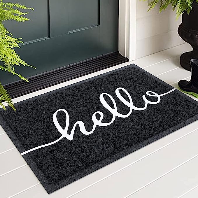 Colorxy “Hello” Door Mat, Dirt Trapper Doormats Non-Slip Low Profile Durable Door Mat for Outdoor, Indoor, Entrance, Patio, Front Back Door, 30" x 17.5", Black