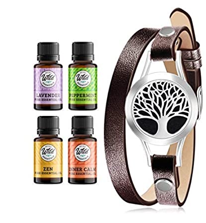 Wild Essentials Tree of Life Essential Oil Diffuser Bracelet Gift Set - Aromatherapy Pendant, 14.5" Brown Leather Wrap Band, Refill Pads 100% Pure Oils (Lavender, Peppermint, Inner Calm and Zen)