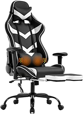 Gaming Chair Office Chair Computer Chair with Lumbar Support Footrest Armrest Headrest Ergonomic Racing Chair Task High Back PU Leather Rolling Swivel Massage Desk Chair for Adult(White)