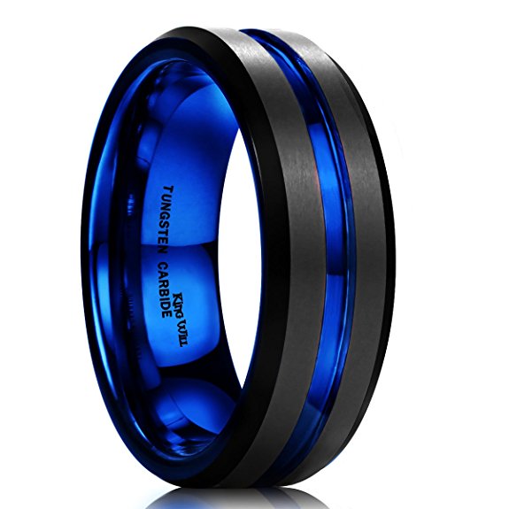 King Will DUO Mens 7mm Black Matte Finish Tungsten Carbide Ring Blue Beveled Edge Wedding Band
