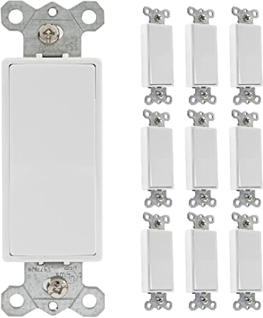 Rocker Light Switch, 10 Pack - Single Pole Decorator Paddle Switch, 3 Wire, Residential Grade, 15 Amp, 120/277V, UL Listed