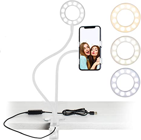 Aduro U-Stream Selfie Ring Light with 24” Gooseneck Stand & Cell Phone Holder, Social Media Influencer Live-Streaming Phone Mount and Light Kit (White)