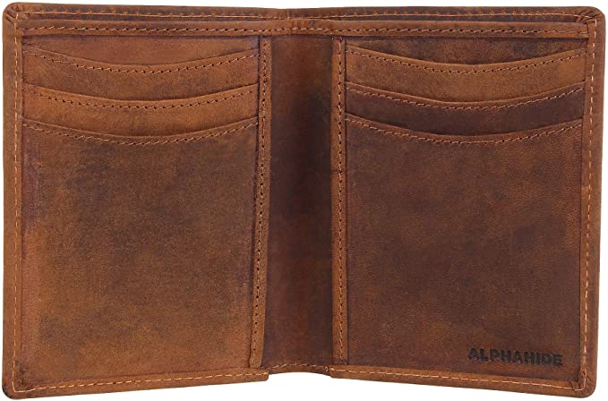 AlphaHide Men’s RFID Blocking Wallet - Vertical Bifold Design - Slim Credit Card Case - Genuine Hunter Leather (Brown)
