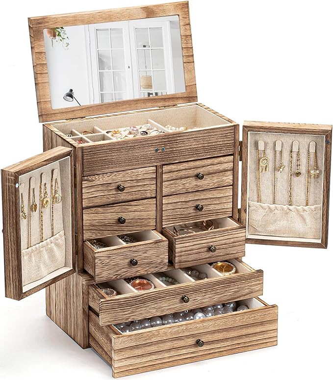 Jewelry Box for Women Wooden Jewelry Boxes & Organizers 5-Layer Rustic Latest Large Jewelry Organizer Box 2023 with Mirror & 8 Drawers for Rings Earrings Necklaces Bracelets Women Girls Gifts