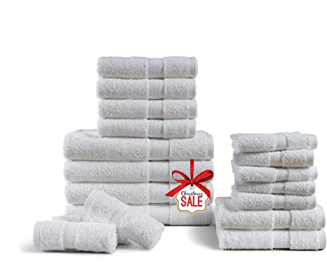 100% Combed Cotton 18-Piece White Bath Towels Sets 600 GSM, Premium Quality Towel for Bathroom, Absorbent, Hotel Towel for Daily Use, Shower Towels (4 Bath Towels, 6 Hand Towels & 8 Wash Cloths)-White