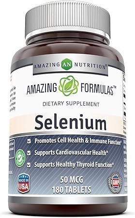 Amazing Formulas Selenium * 50mcg Natural Selenium Yeast * 180 Tablets (Non-GMO) Per Bottle  * Promotes Cell Health, Immune Function, Cardiovascular Health and Healthy Thyroid Function and