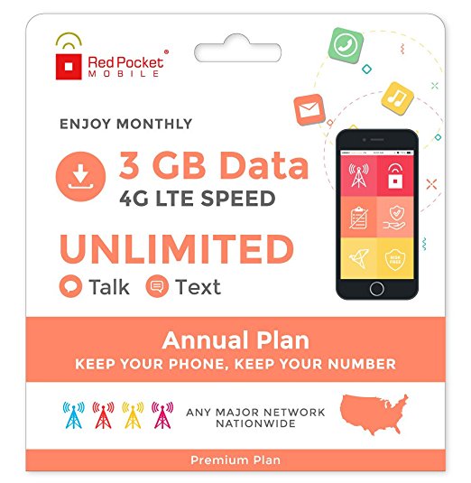 Red Pocket Mobile Premium Annual Prepaid Phone Plan, No Contract, Free SIM Kit; Unlimited Talk, Unlimited Text & 3 GB of LTE Data - Only $21.25/Month