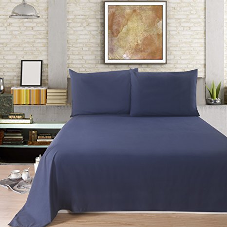 Lullabi Linen 100% Brushed Soft Microfiber Bed Sheet Set, Fitted & Flat Sheet & Pillowcases, Cozy Comfortable, Wrinkle, Fade, Stain Resistant, Deep Pockets (Navy, Queen)
