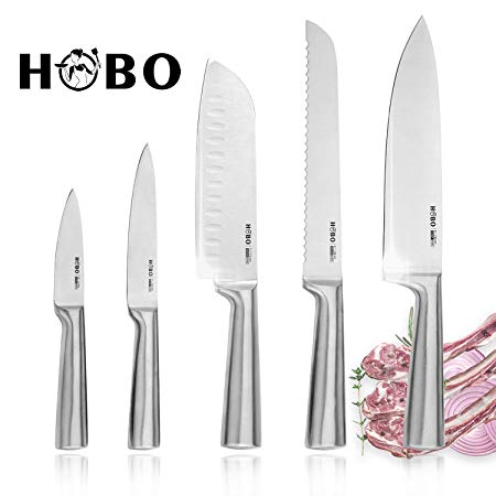 Knife Set, HOBO Professional 5-Piece Stainless Steel Kitchen Knife Set, Non-Slip Frosted Handle, Serrated and Standard Sharp Chef Knife, Bread Knife for Mincing, Chopping, Slicing.