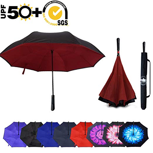 ABCCANOPY Inverted Umbrella,Double Layer Reverse Windproof Teflon Repellent Umbrella for Car and Outdoor Use, UPF 50  Big Stick Umbrella with ABS Handle and Carrying Bag