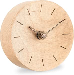 Navaris Small Modern Desk Clock - 11cm Diameter Real Wooden Analogue Clock for Shelf, Table, Office - Non-Ticking Battery Operated Clock - Light Brown